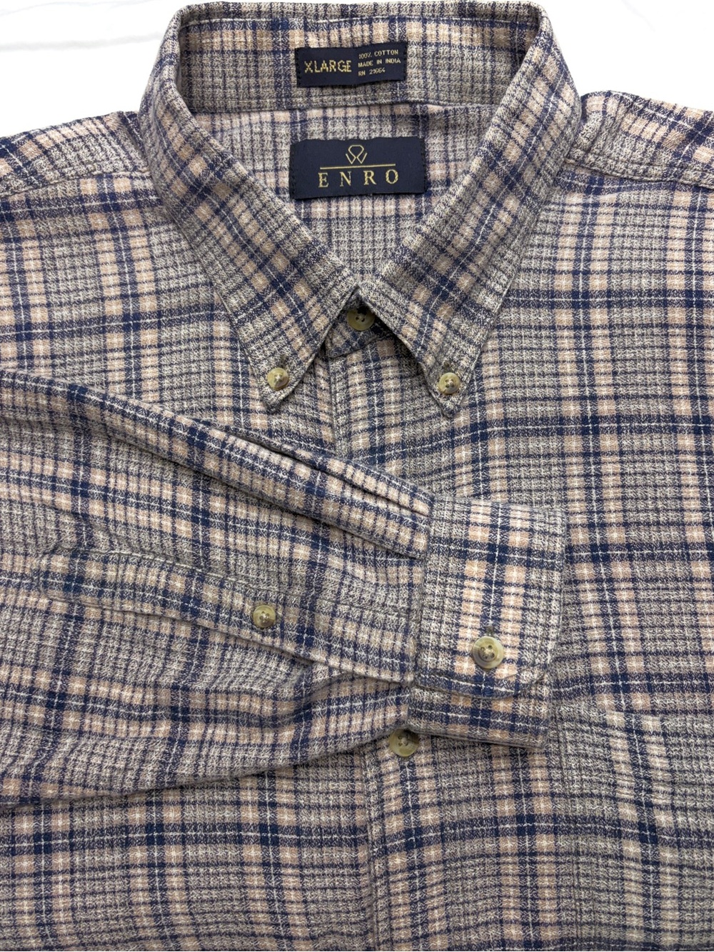 Enro Plaid Button Down Shirt Mens XL Lightweight Slub Texture Gray Blue Beige Li